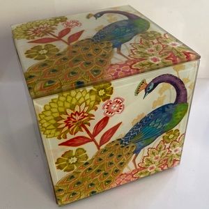 Glass Peacock cube box with hinged lid